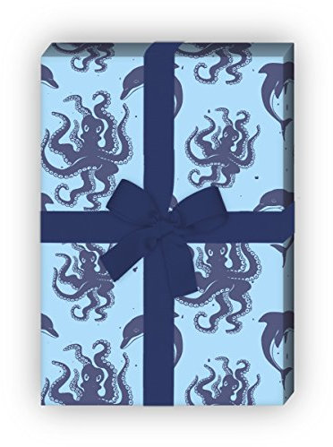 Set 4 Bogen: Tolles maritimes Delfin Geschenkpapier, Dekorpapier, Papier zum Einpacken mit Tintenfischen, hellblau, universal Packpapier um schöner zu schenken 32 x 48cm