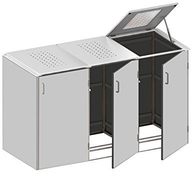 Binto Mülltonnenbox HPL lichtgrau - Edelstahl System E3K - für DREI Mülltonnen inkl. Klappdeckel - 5148