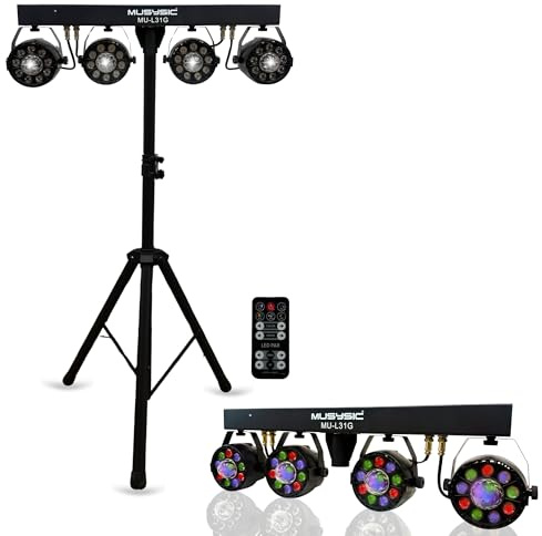 MUSYSIC LED RGB Dj Light with Stand, 4 Par Powerhouse GigBar for Parties, Concerts, and Light Shows, Lighting Package w/Stage Light Stand - MU-L31G