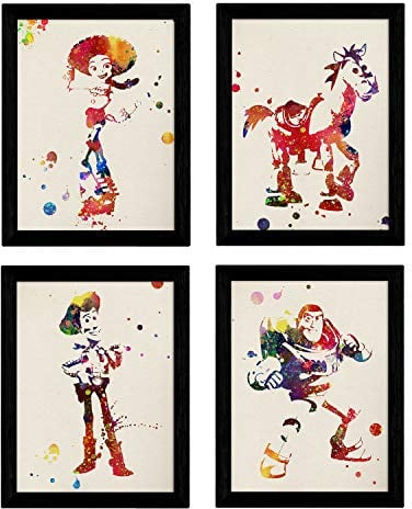 Nacnic Set von vier Klingen-Explosionsstil. Poster Filmspielzeuggeschichte, Buzz, Woody, Jessie und Pferd in A3 Größe Farbe Hintergrund mit schwarzem Rahmen