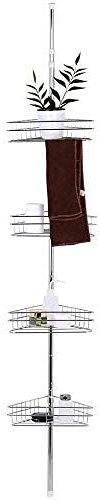Shower Organiser Telescopic Shower Caddy, Metal Adjustable Bathroom Corner Shelf 4 Tier Telescopic Bathroom Caddy, Height Adjustable 145-250cm Shower Shelf Corner Telescopic, Silver
