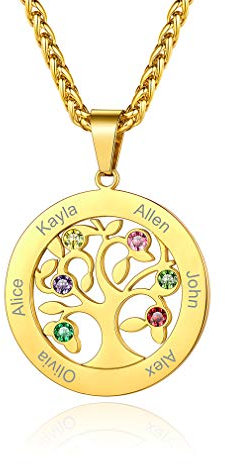 Custom4U Collier Personnalisé 6 Prénoms,Pendentif Arbre de Vie Plaqué Or en Acier Inoxydable Gravé Pierres de Naissance,Bijoux de Famille,Chaine 55+5 cm,Cadeau Anniversaire Femme Maman,Grand Mère