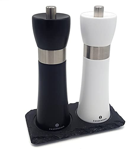Gewürzmühlen-Set: Pfeffermühle schwarz & Salzmühle weiß Zassenhaus Hamburg 18 cm & Schieferuntersetzer