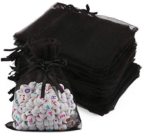 FLOFIA 100 Stk Organzasäckchen Schwarz 7x9cm Halloween Organzabeutel Säckchen Geschenkbeutel Organza Schmuckbeutel Klein Fest Party Beutel