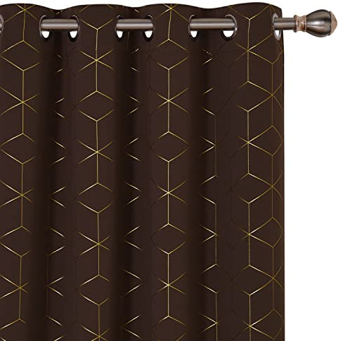 Deconovo Blickdichte Gardinen für Wohnzimmer, Ösenvorhang für Raum Verdunkeln, Vorhänge mit Muster, 214x132 cm(HöhexBreite), Dunkelbraun, 2er Set