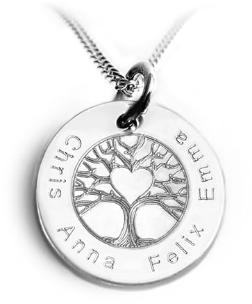 Personalisierte Familienkette, Lebensbaum mit Herz, Runder Anhänger mit Gravur, Kindernamen, Geschenkidee