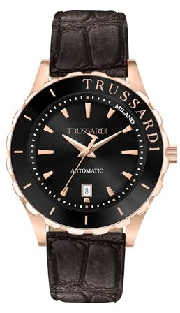 Trussardi Herren Uhr, T-Logo Kollektion, Zeit und Datum, Automatik, aus Edelstahl, Rosegold-PVD, Leder - R2421143001