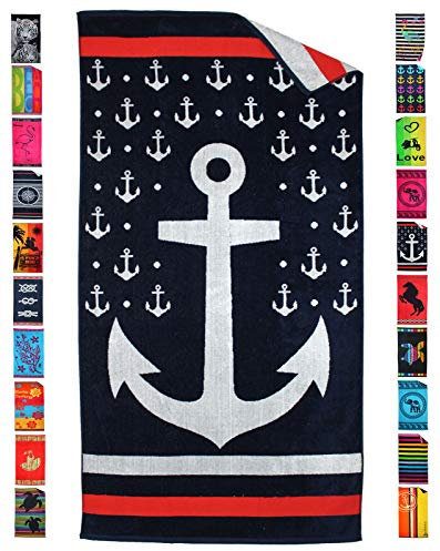 P.K. - Collection Strandtuch aus 100% Baumwolle - Strandhandtuch 90x165 cm Frottee Qualität - hochwertiger Jacquard Druck (Anker Blau) bunt