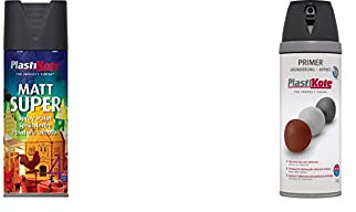 Plasti-kote 3101 400ml Super Spray Paint - Matt Black & 25001 400ml Primer - Black