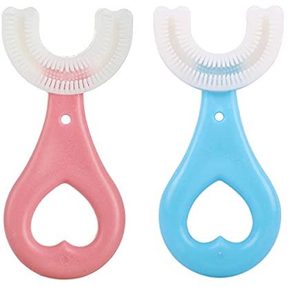 ZALUJMUS Set of 2 Kids U-Shaped Whole Mouth Teeth Brush, Silicone Bristles Massage Gums, All-Round Cleaning, Manual (2-6Y, Blue+Pink)