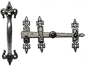 Haven Heritage - Heavy Duty Suffolk Latches for Garden Gate, Suffolk Gate Latch for Wooden Gates - Fleur De LYS Suffolk Latch Antique Black Thumb Latch Cast Iron - Cottage Country Door Gate - 9.5''