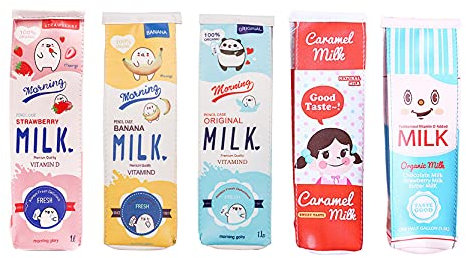 Anawakia Cartoon Milch Schreibwaren Tasche Karikatur Simulation Milch Kartons Bleistift Kasten Spaß Studenten Mäppchen Milchkiste Form (5 PCS)