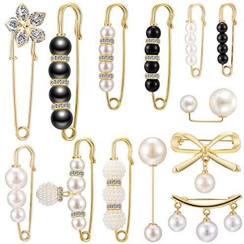 13PCS Perle Brosche Pins,Sicherheitsnadel Anstecknadel mit Perle Brosche Pullover Schal Clip Sicherheitsnadel für Damen Mädchen