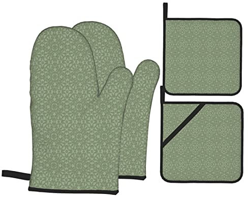 Lot de 4 Gants de Cuisine et maniques, Motif damassé Vert Sauge Antique Baroque, Gants de Four résistants à la Chaleur, Ensemble de maniques pour la Cuisine, la Cuisson, Les grillades