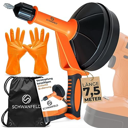 Schwanfeld® [7,5 m] Rohrreinigungsspirale [EINFACHE ANWENDUNG FÜR JEDERMANN] - inkl. wasserfeste Handschuhe - hochwertige Abflussspirale - Spirale Abfluss Rohrreinigung - Abflussreiniger Spirale