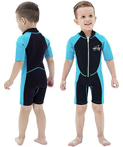 NATYFLY Kids Shorty Traje de neopreno para niños de 2,5 mm, traje de baño térmico con protección UV, trajes de baño para niñas y niños de una pieza (azul, 6 años)