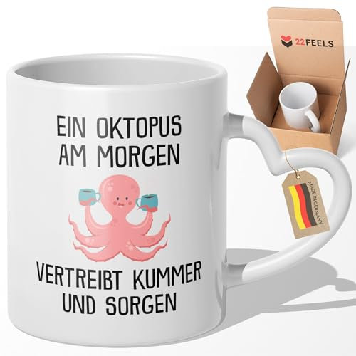 22Feels Oktopus Tasse mit Spruch Tier Büro Geschenk für Frauen und Männer Deko Kollege - Morgen (Herzhenkel Weiss)