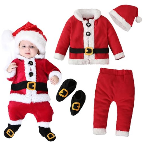 Hifot 4 Stück Baby Weihnachtsoutfit Junge Mädchen Weihnachten Fleece Warm Santa Jacken +Hose+Weihnachtsmütze+Socken Neugeborene Weihnachtskleid Weihnachtskostüm