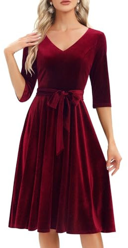 Samtkleid Damen Langarm Midilang Abendkleid elegant für Hochzeit Winter Festliche Kleider Vintage Rockabilly Cocktailkleid Party Weihnachtskleid Dark Red XL