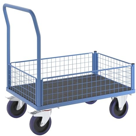 eurokraft pro | Plattformwagen mit Gitterwänden | 4 halbhohe Gitterwände, LxB 1050 x 700 mm, Vollelastikreifen
