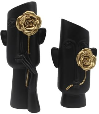 AOC Statue mit schwarzem Menschengesicht, schwarze Statue und goldene Blume, Wohnzimmerdekoration, Menschenkopf-Figur für Heimdekoration, 2 Stück