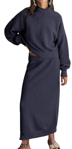 FACDIBY Damen 2 Stück Pullover Rock Set Casual Langarm Rollkragen Pullover Bleistiftrock Outfits Lounge Sets, Marineblau, M