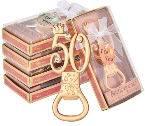 DADEA 24 abrebotellas dorados para fiestas de cumpleaños 50, regalos de 50 aniversario para invitados, abrebotellas de cerveza de corona para fiestas de cumpleaños, suministros de recuerdo (50, 24