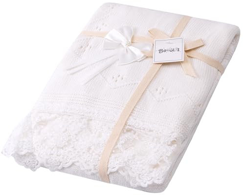 Booulfi Babydecke für Mädchen, weißes Wickeltuch für Neugeborene, Kleinkinder, Empfangsdecken, Taufe, Uni, neutral, für Mädchen, Jungen, Kinderwagen, gestrickt, Baumwolle, gehäkelt, Spitze,