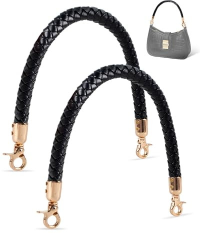 MEGAVOW 2 Stück Taschengriff Henkel, PU Ersatz Taschenriemen Taschengriffe Geflochten, Taschengurt PU Leder DIY Schulterriemen mit Metallhaken, für Tote Handtasche Umhängetaschen, Schwarz, 40cm