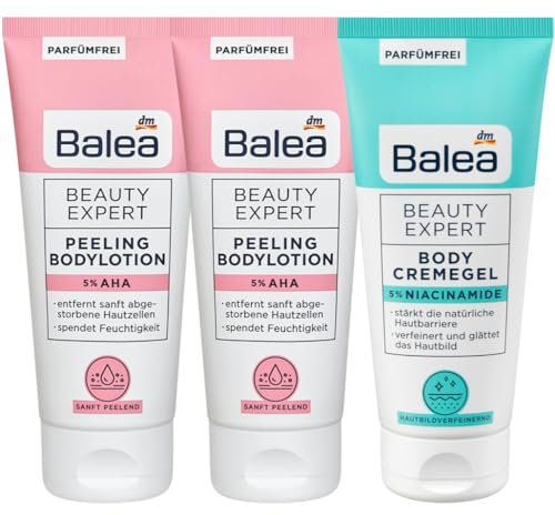 Balea 3er-Set Beauty Expert Hautpflege: PEELING BODYLOTION 5% AHA entfernt sanft abgestorbene Hautzellen (2 x 200 ml) + BODYLOTION BODY CREMEGEL 5% Niacinamide für feineres Hautbild (200 ml), 600 ml