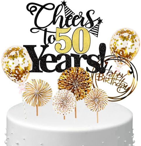 Anlgdi Tortendeko Cheers 50 Years Deko Kuchen Topper 50. Geburtstag Frau, Cake Topper 50. Geburtstag Mann Schwarz Gold, Kuchendeko 50 Jahre Torte Kuchen Deko für Geburstagstorte Deko 50. Männer Frauen