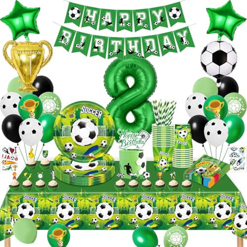 Set di stoviglie da calcio per compleanno, 8 anni, decorazione per feste di compleanno, 8 anni, per bambini, palloncini da calcio, tovaglioli, tovaglioli, tovaglia per feste di compleanno dei bambini,