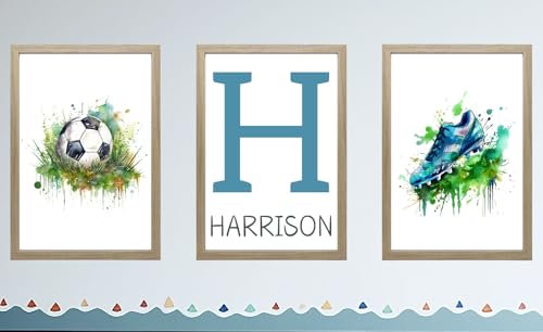 Personalised Football Set of 3 Unframed Poster Prints For Boy Girl Bedroom, Football Boots and Ball, Green Watercolour Splash, Personalise Name Red Blue Green (A4)