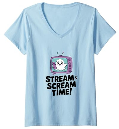Womens Kawaii 'Stream & Scream Time!' Cute TV Ghost Design V-Neck T-Shirt