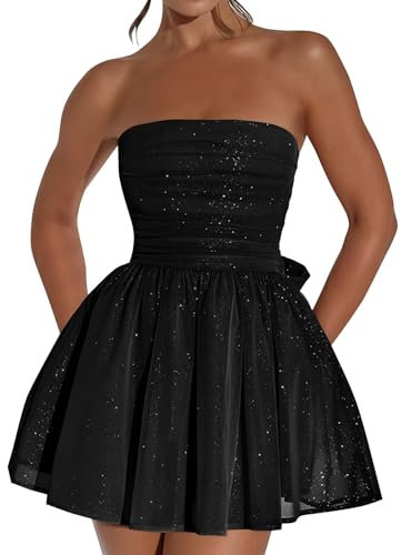 Hanaoops Pailletten Glitzer Minikleid Sexy Damen Schulterfreies Tube Bodycon Kleider Trägerlos Kurze Glitzerndes Tüllkleid Elegante Ohne Ärmel Rückenfrei Figurbetontes Bandeau Partykleid