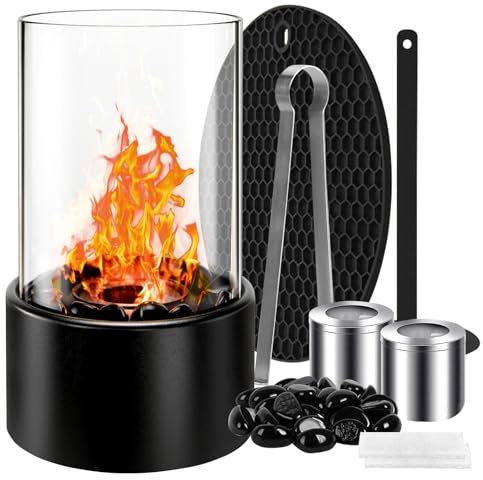 Cheminée de table, ronde à alcool, décoration de table intérieure et extérieure, cheminée au bioéthanol avec tapis en silicone et clips, avec pierres décoratives noires et 2 chambres de combustion