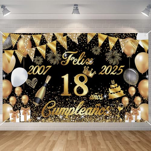 Pancarta Feliz Cumpleaños 18 Anos 2007-2025, Seutgjie Happy Birthday Decoracion para Chica Chicos para Fiesta Cumpleaños 18 Oro Negro 180 x 110 cm