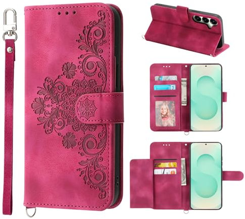 Auslbin Hülle für Samsung Galaxy S25 Plus/S24 Plus 5G Blumen Tasche, 5 Kartenfächer Handyhülle für Samsung Galaxy S25 Plus/S24 Plus Vintage-Stil PU-Leder Flip Schutzhülle, Rot