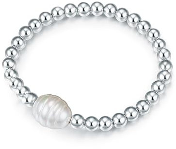 Lulu Jane Damen Armband aus Metall-Legierung Silber-Optik mit Muschelkernperle ca. 13,3 mm Perlenarmband