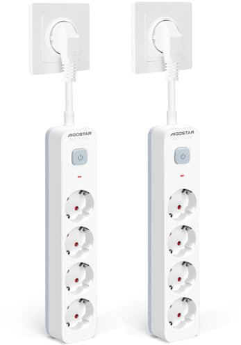 Aigostar Regleta Enchufe, Alargador Enchufe de 4 Tomas, Enchufe Multiple Regleta con Interruptor, Blanco, 2 Piezas