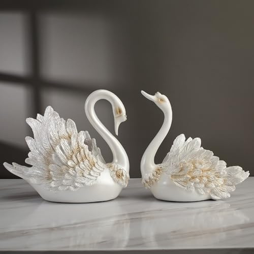 ZLXHDL Schwan-Ornamente Paar (Perlweiß) – Hochzeitstischdeko aus Kunstharz 23cm | Robuste Wohnzimmerdekoration mit Kristallstein