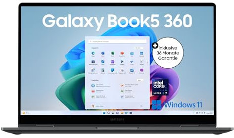 Samsung Galaxy Book5 360 15,6 2-in-1-Laptop, Convertible AI-Notebook mit Intel Core Ultra 7 Prozessor, 32 GB RAM, 1 TB Speicher, Moonstone Gray, 3 Jahre Herstellergarantie [Exklusiv bei Amazon]