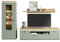 möbelando Wohnwand >MONIZ< (3-teilig) mit Vitrine, TV-Element und Wandboard in Salbei Grün & Eiche Evoke Dekor, Maße: B/H/T ca. 280/198/44 cm, mit LED-Beleuchtung