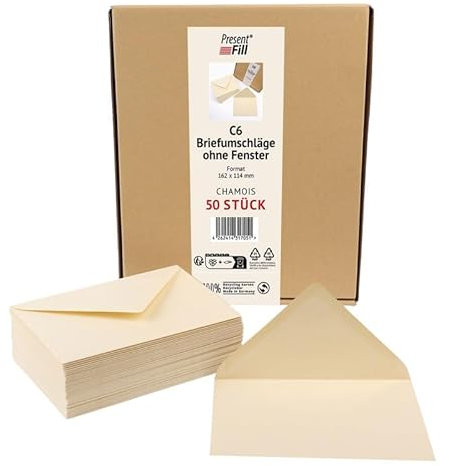 PresentFill® 50 x Briefumschläge Chamois Beige Creme C6-162 x 114 mm ohne Fenster I 100% Recycling Kraftpapier I 120 g/m² stark I Blauer Engel zertifiziert I Made in Germany