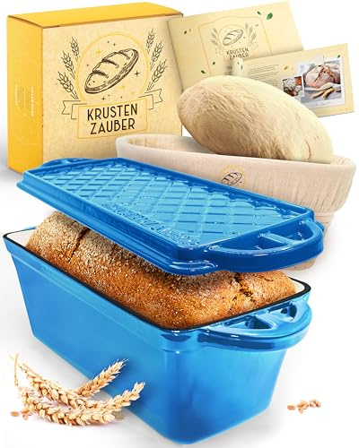 KRUSTENZAUBER Emaille Brotbackfrom mit Deckel inkl. Gärkorb - Robuste 28cm Backform aus Gusseisen - Ideal als Kastenform, Toastbrot Backform, Brotform, Gusseisen Topf Brot backen Zubehör, Brottopf