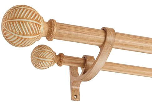 Mayrhyme Doppel-Gardinenstangen-Set aus Holz, für Fenster, 91,4 bis 183,9 cm, verstellbar, strapazierfähig, 2,5 cm, Boho, rustikal, dekoratives Design mit Blatt-Endstücken aus Holzmaserung