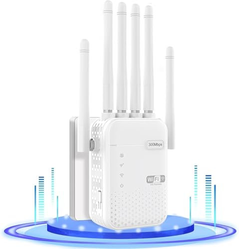 Ripetitore WiFi Potente per Casa,Amplificatore Wifi,6 Antenna,2 Porte LAN,Estensore Wi-Fi per Casa e Ufficio,amplificatore segnale wifi,WiFi Extender,Coverage up to 300 m²,Plug and Play