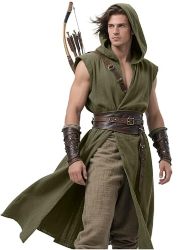 L'VOW Herren Mittelalter Kapuzenmantel Renaissance Tabard Ärmellos Tunika Umhang Wikinger Kostüm Holloween Assassin Cosplay | Ärmellose Weste für Assassin Knight Ranger Hobbit Cosplay Halloween LARP Fantasy Ren Faire Wikinger Kostüm