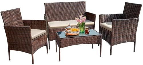 YOEVU - Set Jardín 4 Piezas | Sofá, Sillas con Cojines Lavables | Mesa Cristal Templado | Resistente Agua/Sol | Ideal Terraza, Patio, Balcón | 101.6x53.34x79.98 Cm, Ratán Sintético (Marrón café)