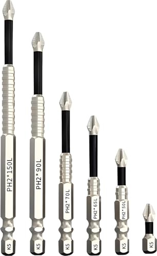 Embouts de Vissage Magnétiques 5 Pièces – Embouts PH2 Anti-Dérapants pour Perceuse ou Tournevis Manuel, 25/50/65/70/90, Aimantés Haute Précision pour Outils Électriques et Réparations
